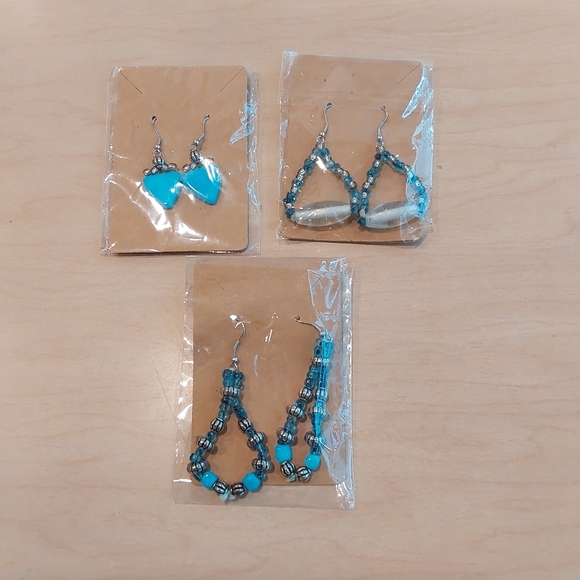 Jewelry - 3 Pairs Of Elegant Blue Beaded Earrings